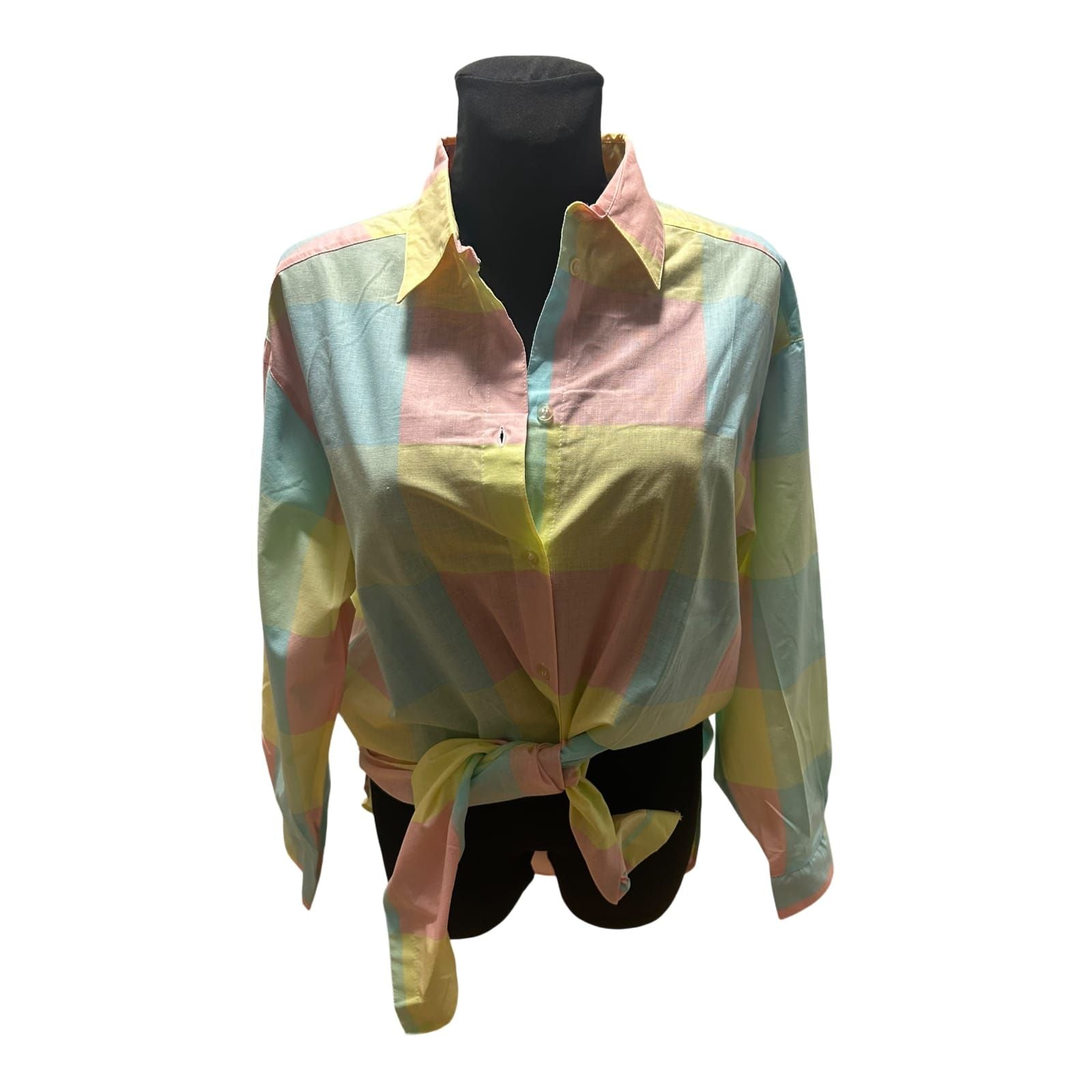 Vintage Bluse Damen Gr 42 Kariert Pastell Baumwolle 80er Langarm