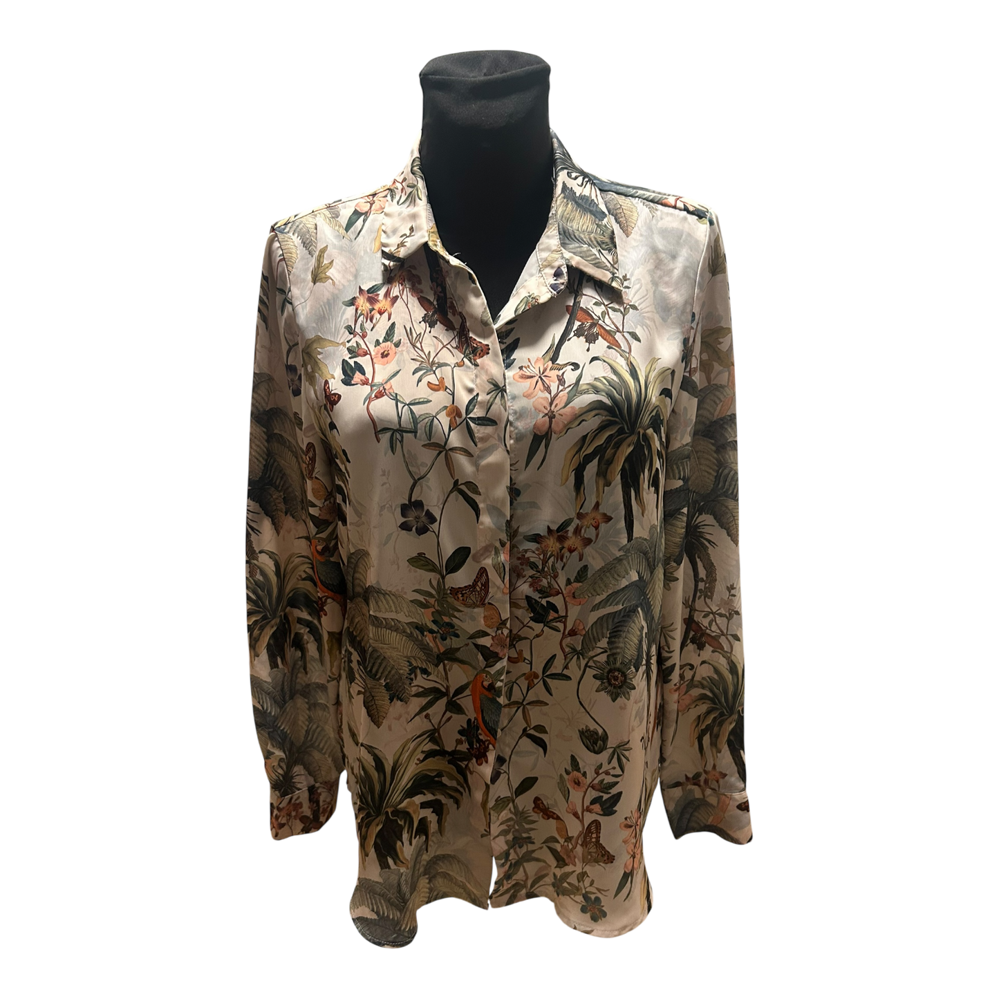 H&M Bluse Damen Gr 38 Beige Grün Dschungel Print Langarm Elegant Chic