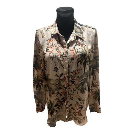 H&M Bluse Damen Gr 38 Beige Grün Dschungel Print Langarm Elegant Chic