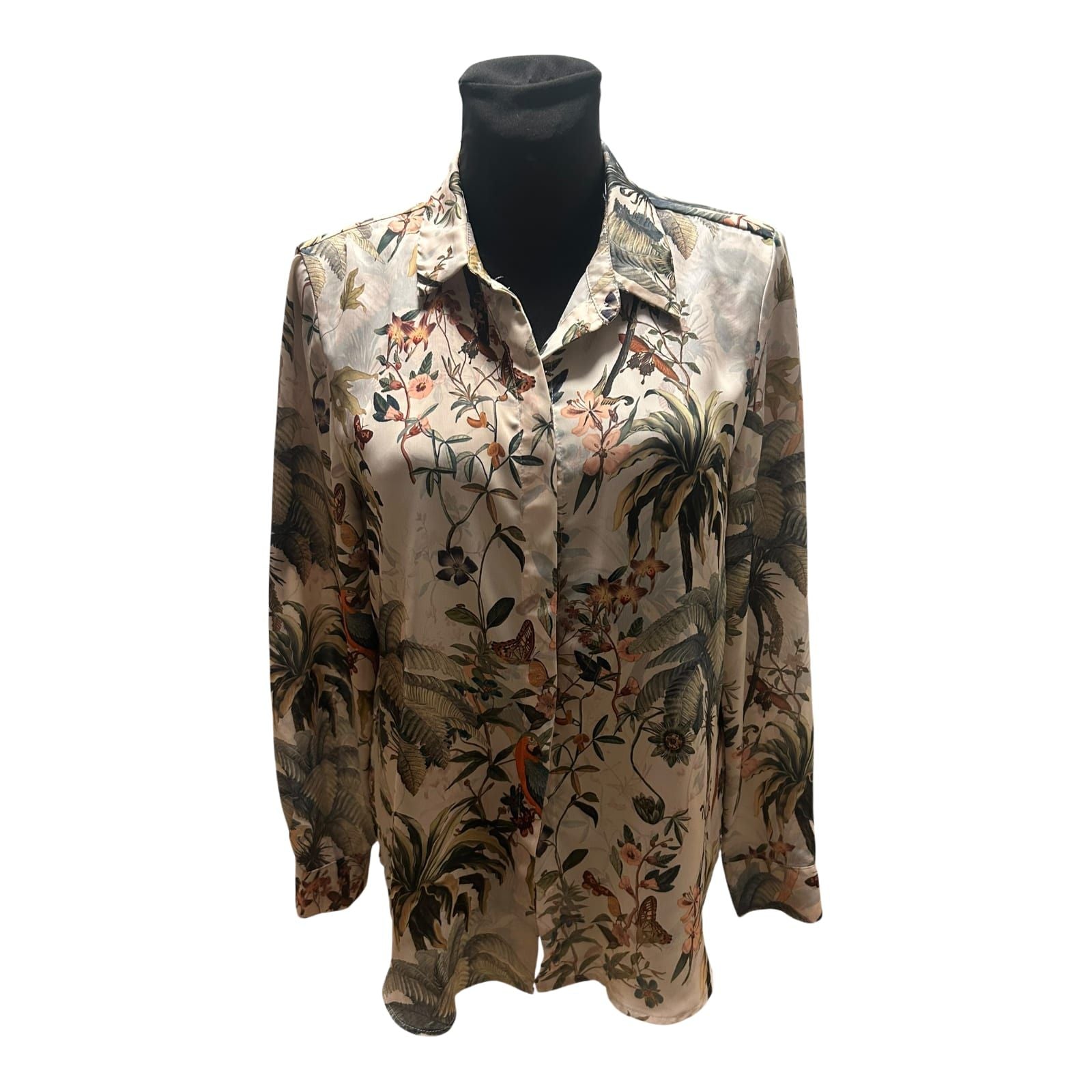 H&M Bluse Damen Gr 38 Beige Grün Dschungel Print Langarm Elegant Chic