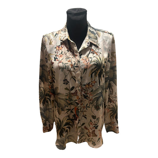 H&M Bluse Damen Gr 38 Beige Grün Dschungel Print Langarm Elegant Chic