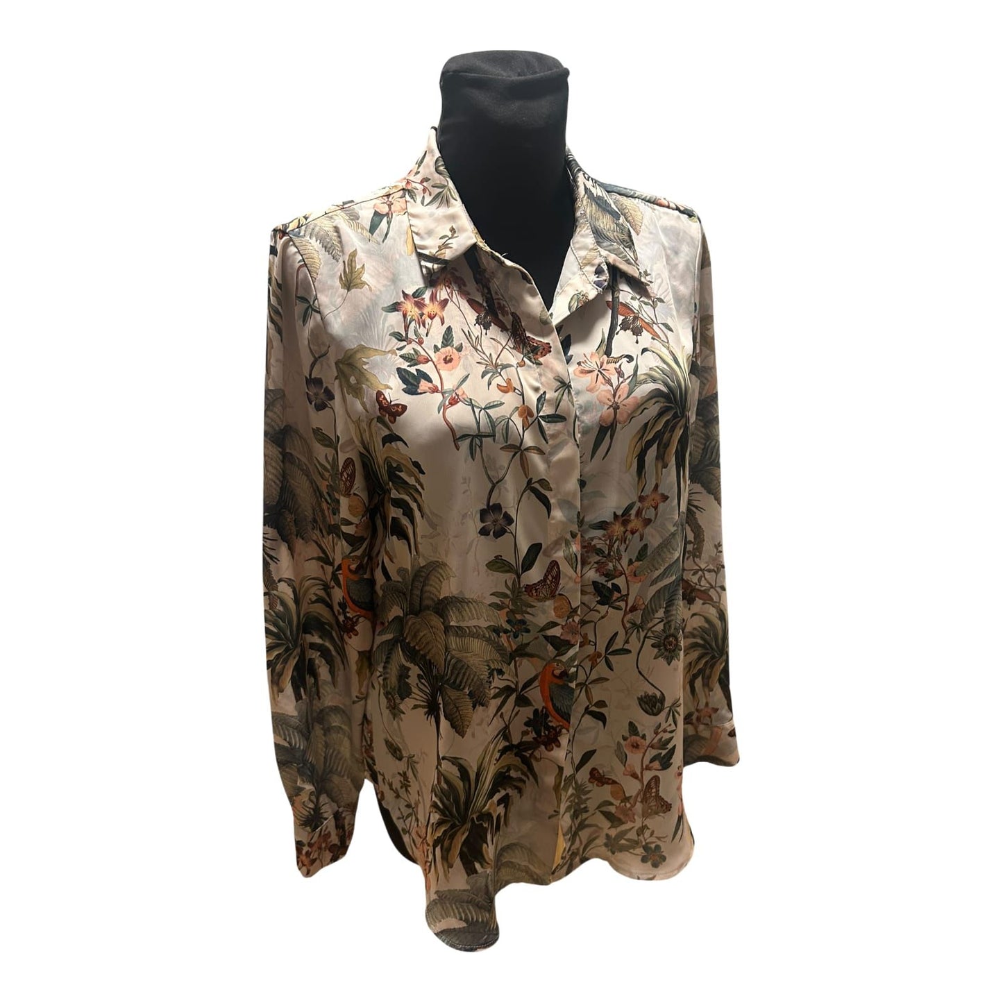 H&M Bluse Damen Gr 38 Beige Grün Dschungel Print Langarm Elegant Chic