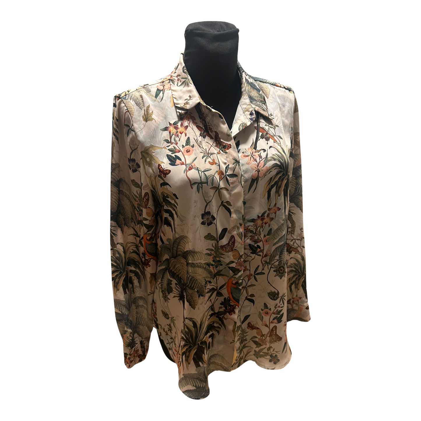 H&M Bluse Damen Gr 38 Beige Grün Dschungel Print Langarm Elegant Chic