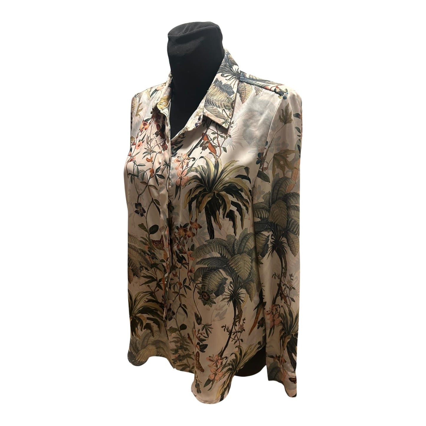 H&M Bluse Damen Gr 38 Beige Grün Dschungel Print Langarm Elegant Chic