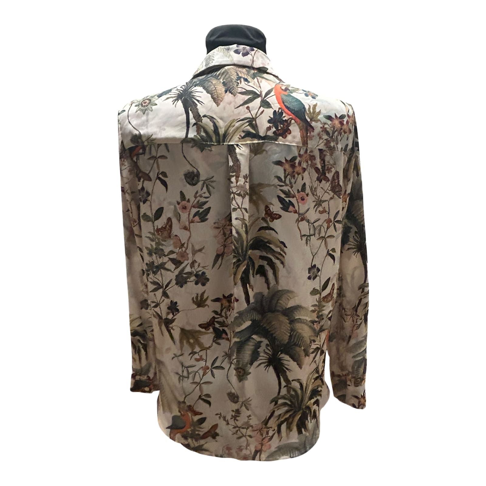 H&M Bluse Damen Gr 38 Beige Grün Dschungel Print Langarm Elegant Chic