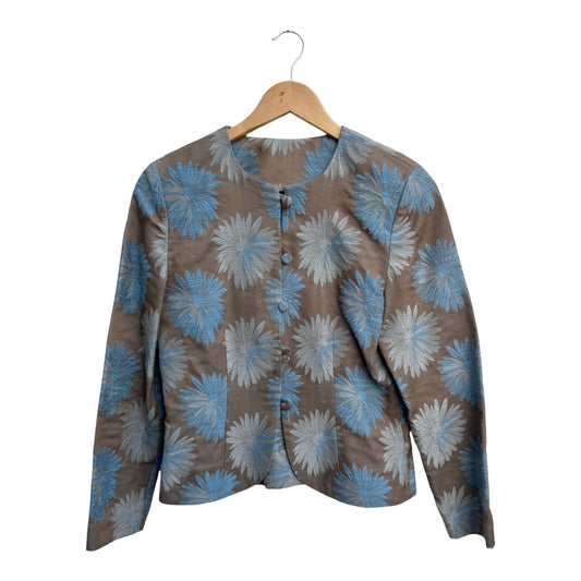 Blazer Damen Gr XS Braun Blau Blumenmuster Seidig Elegant Vintage Extravagant