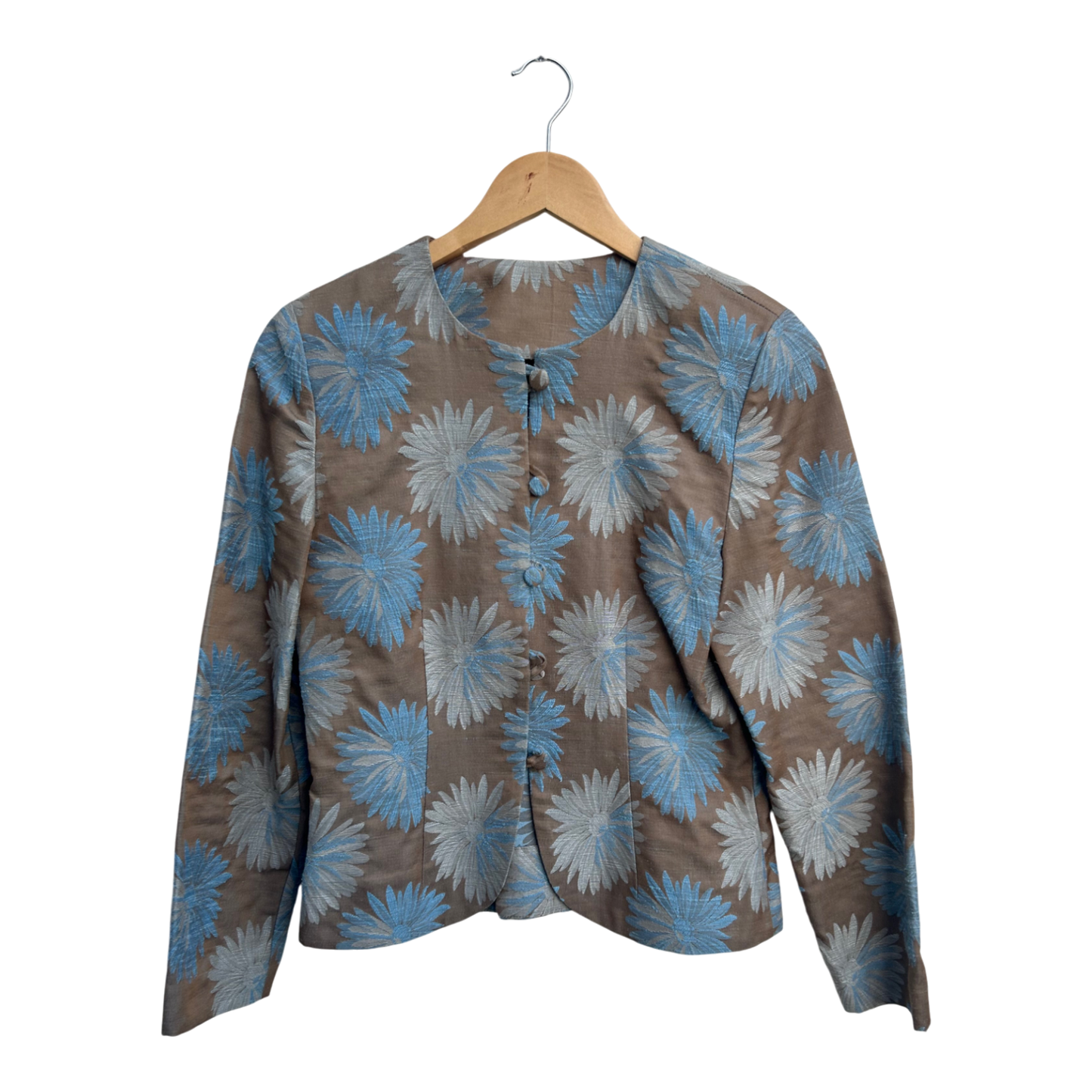 Blazer Damen Gr XS Braun Blau Blumenmuster Seidig Elegant Vintage Extravagant