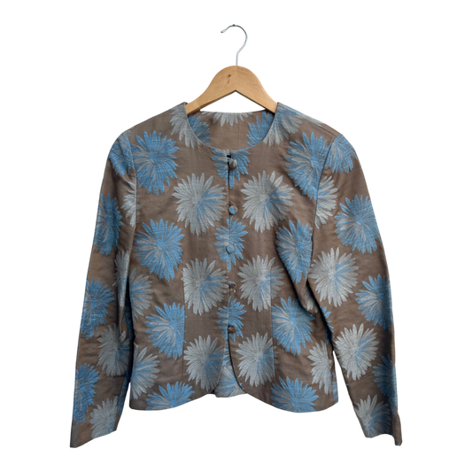 Blazer Damen Gr XS Braun Blau Blumenmuster Seidig Elegant Vintage Extravagant