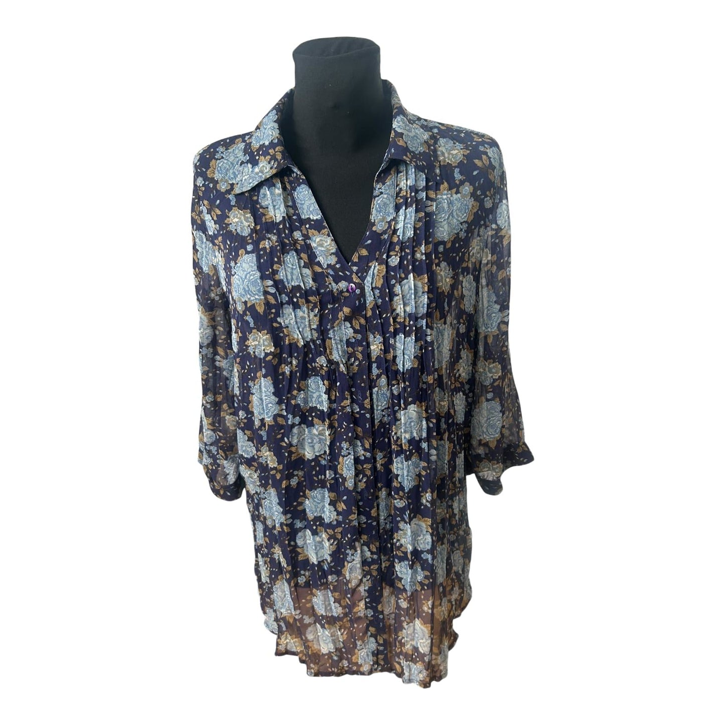 Gina Benotti Bluse Damen Gr M Dunkelblau Blumen Print Casual Feminin Klassisch