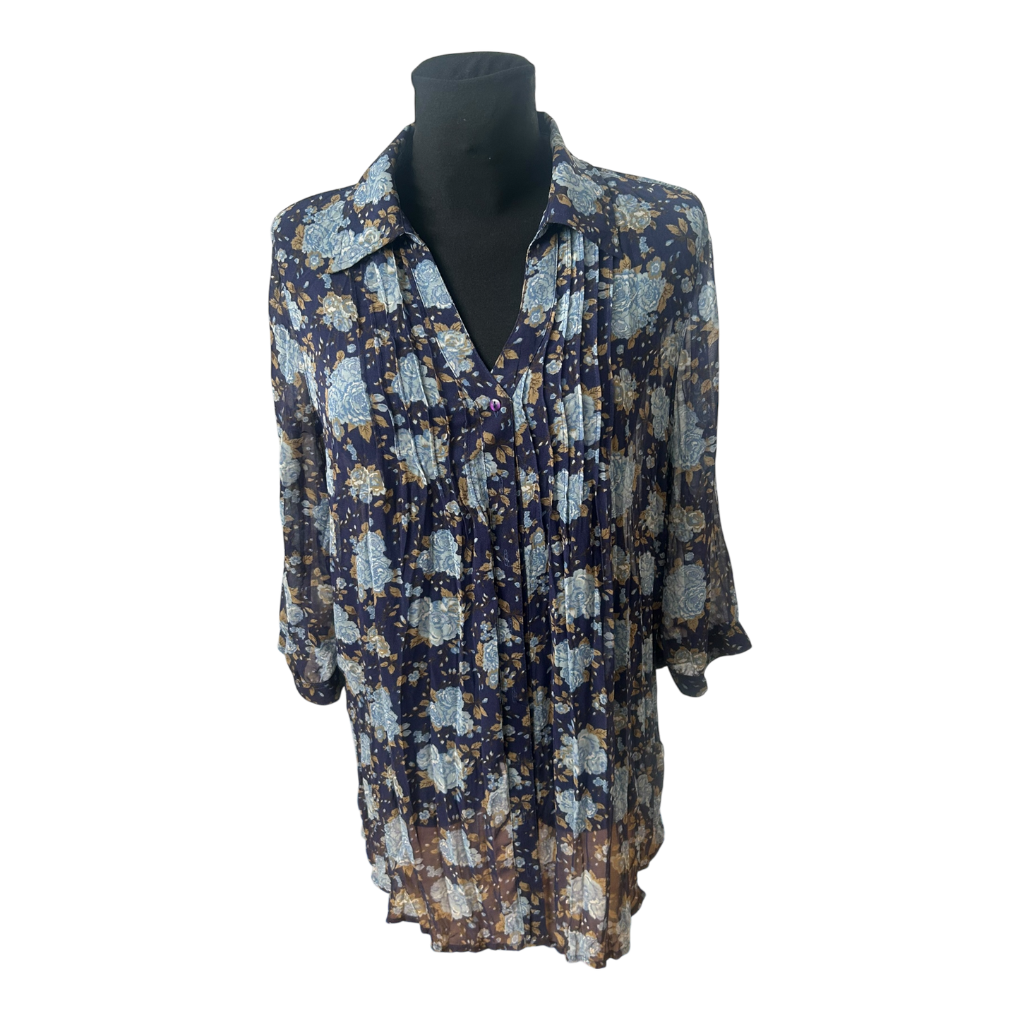 Gina Benotti Bluse Damen Gr M Dunkelblau Blumen Print Casual Feminin Klassisch