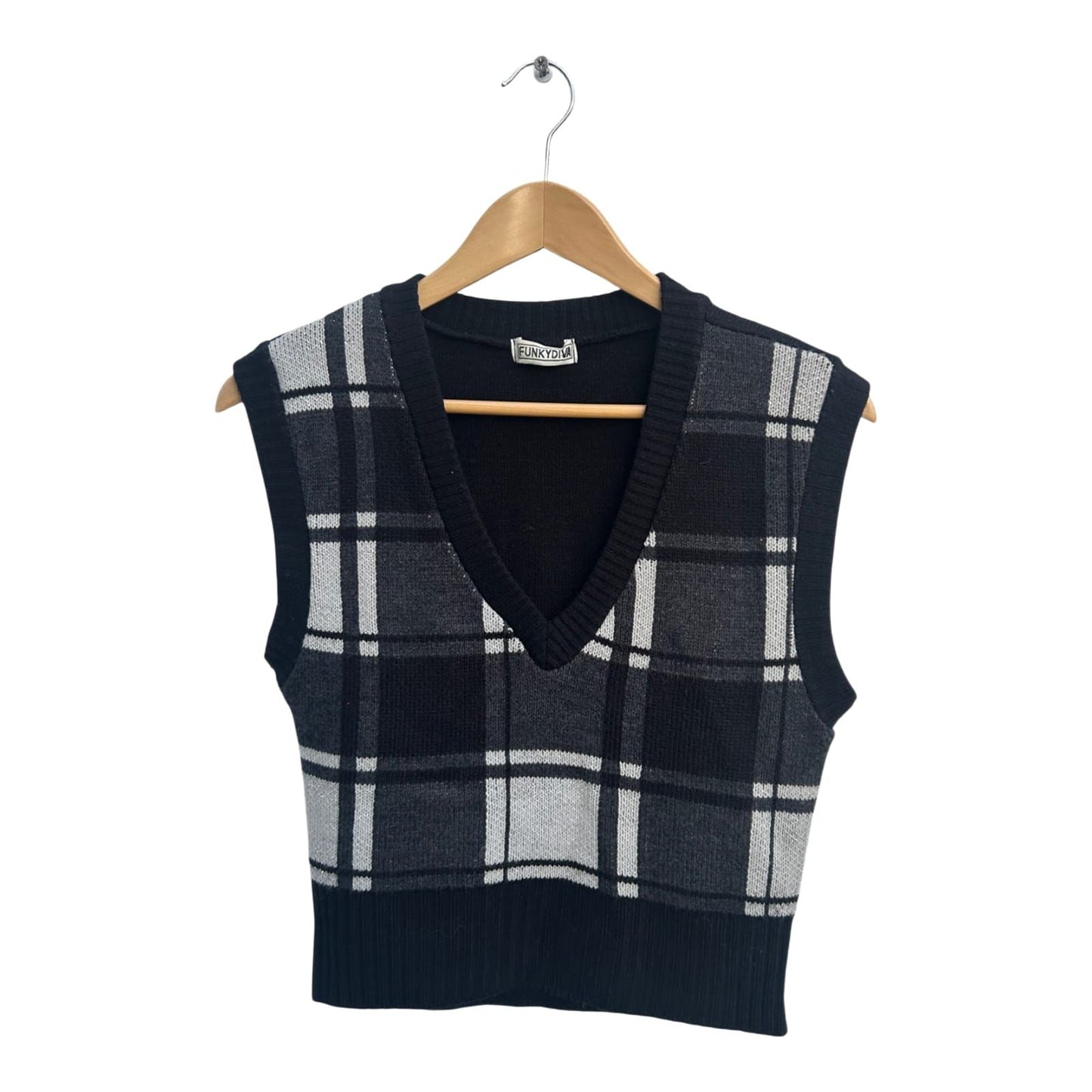 Funkydiva Pullunder Damen Gr M Schwarz Grau Kariert Glitzer V-Ausschnitt Trend