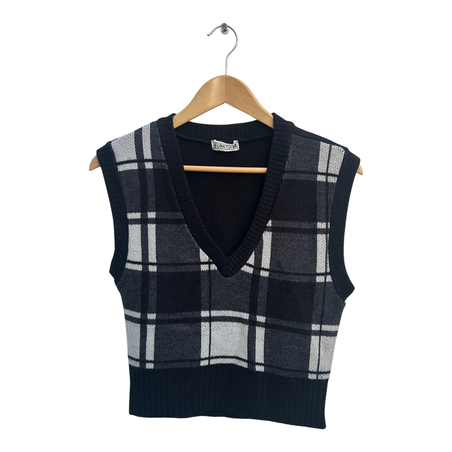 Funkydiva Pullunder Damen Gr M Schwarz Grau Kariert Glitzer V-Ausschnitt Trend