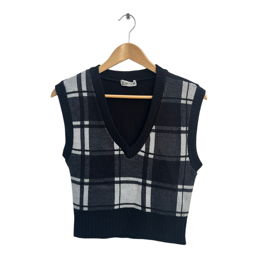 Funkydiva Pullunder Damen Gr M Schwarz Grau Kariert Glitzer V-Ausschnitt Trend