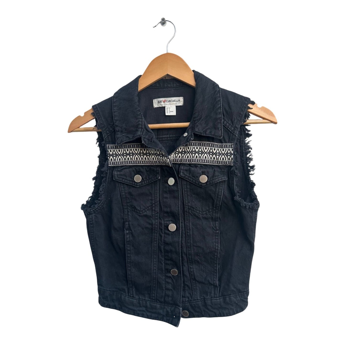 H&M Coachella Jeansweste Damen Gr 36 Schwarz Baumwolle Ethno Boho Festival Look
