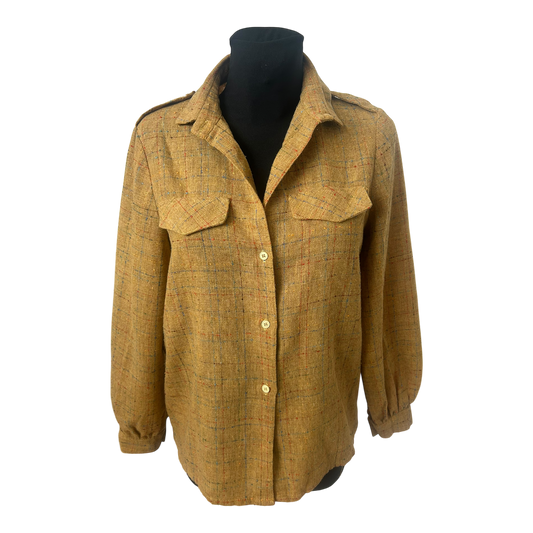 Vintage Bluse Damen Gr 40 Gelb Schulterklappen Kariert Retro Chic