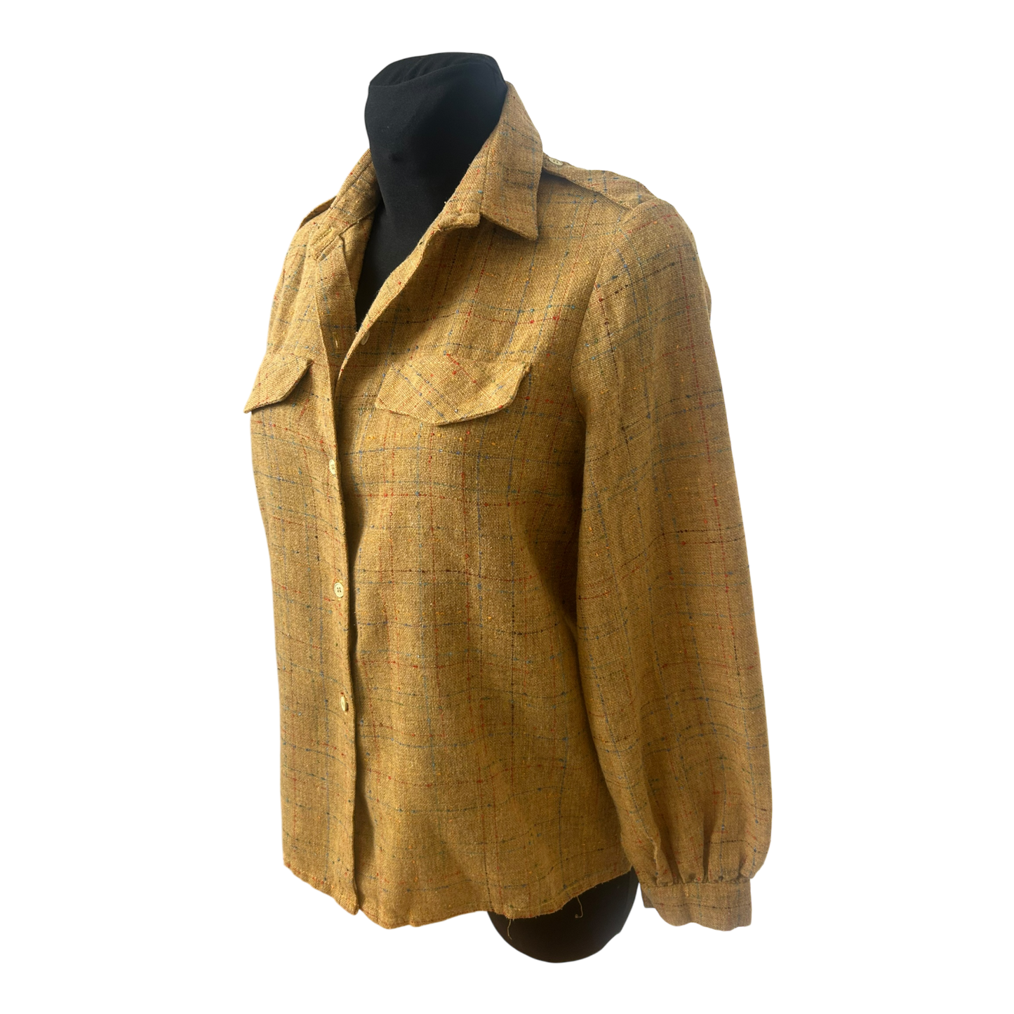 Vintage Bluse Damen Gr 40 Gelb Schulterklappen Kariert Retro Chic