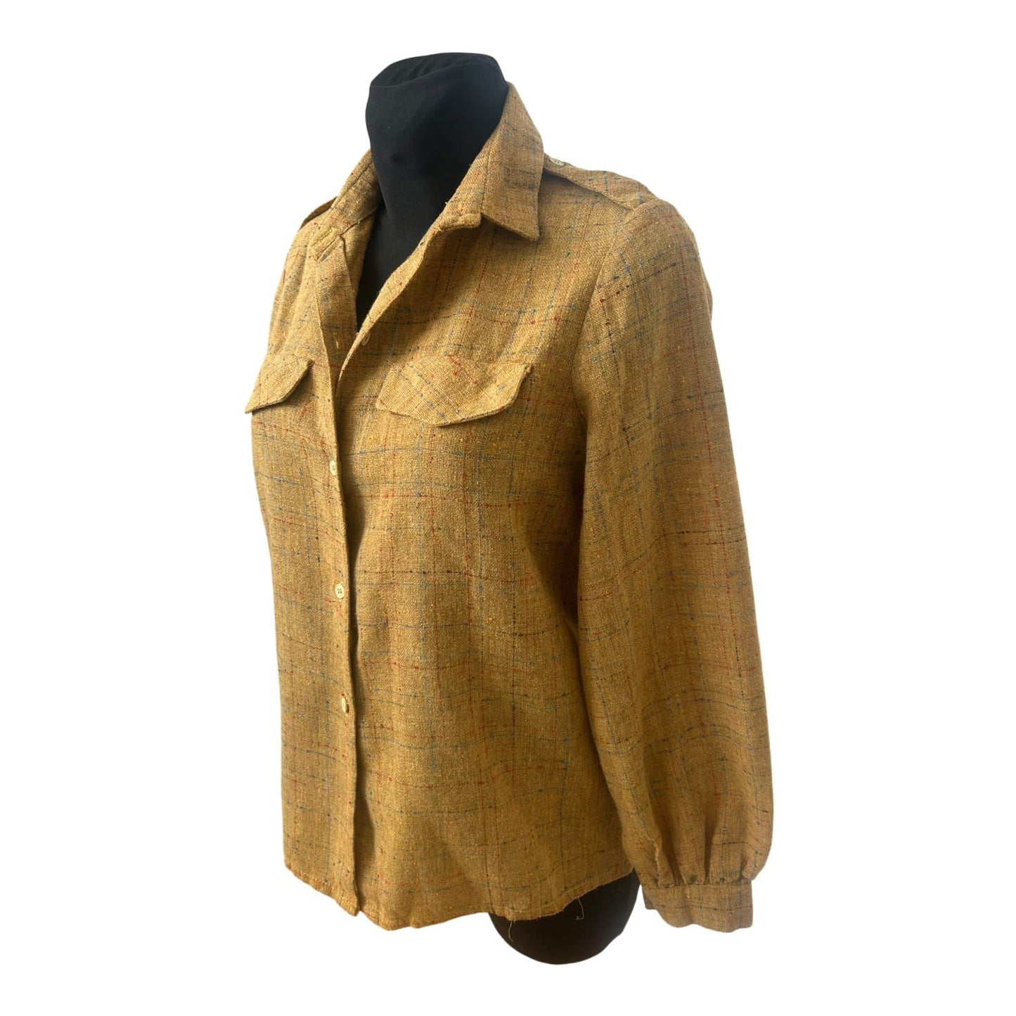 Vintage Bluse Damen Gr 40 Gelb Schulterklappen Kariert Retro Chic