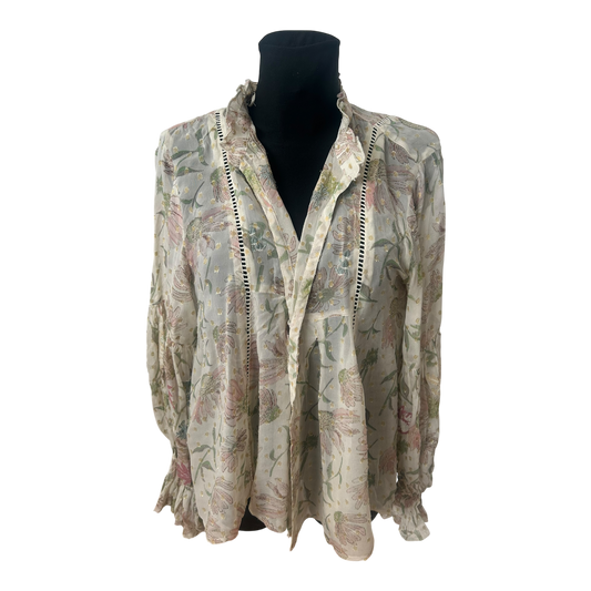 Zara Bluse Damen Gr S Creme Blumen Gold Lurex Weit Puffarm Elegant