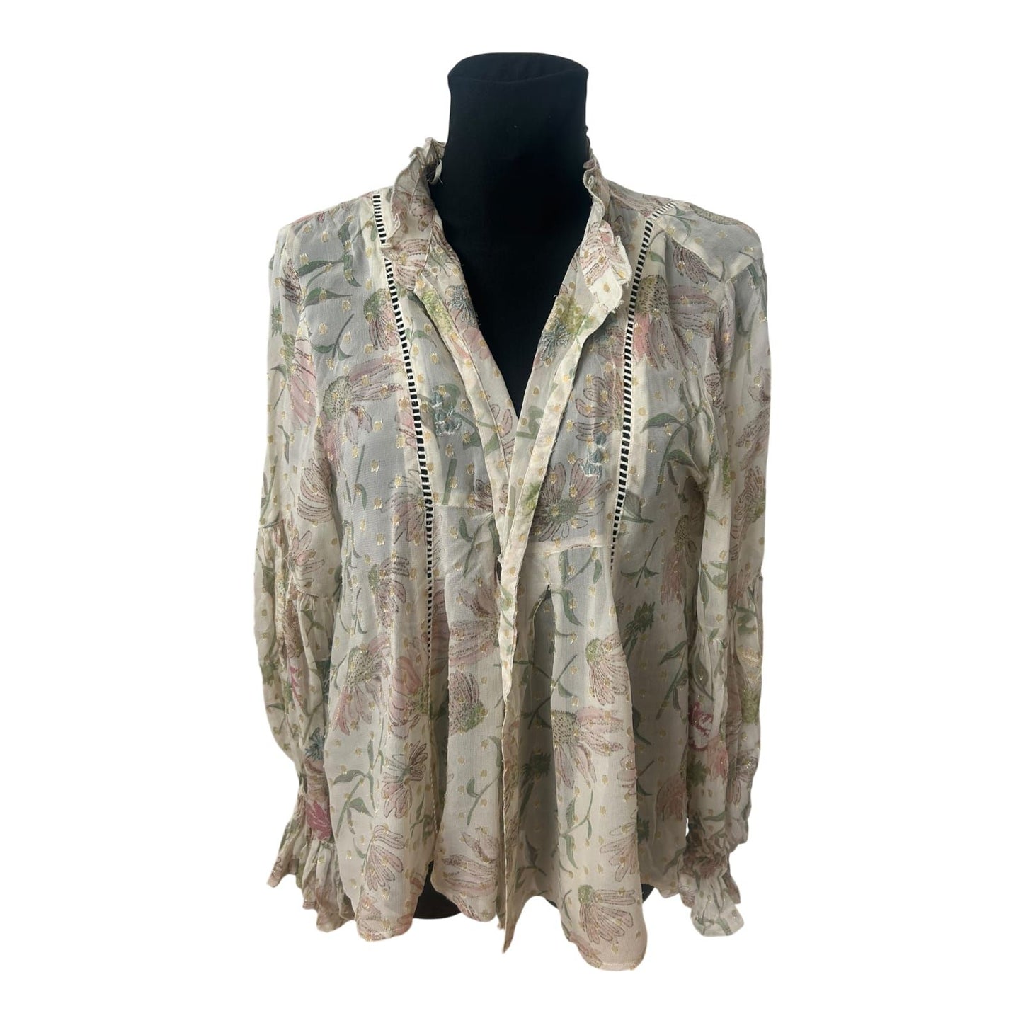 Zara Bluse Damen Gr S Creme Blumen Gold Lurex Weit Puffarm Elegant