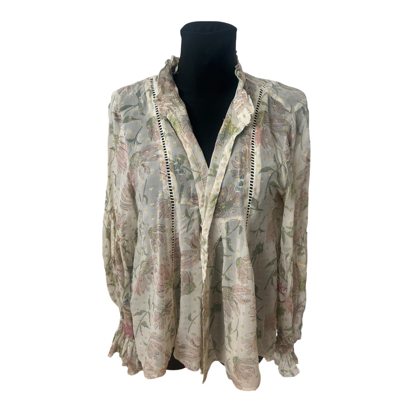 Zara Bluse Damen Gr S Creme Blumen Gold Lurex Weit Puffarm Elegant