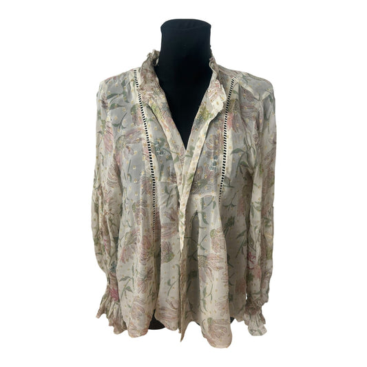 Zara Bluse Damen Gr S Creme Blumen Gold Lurex Weit Puffarm Elegant