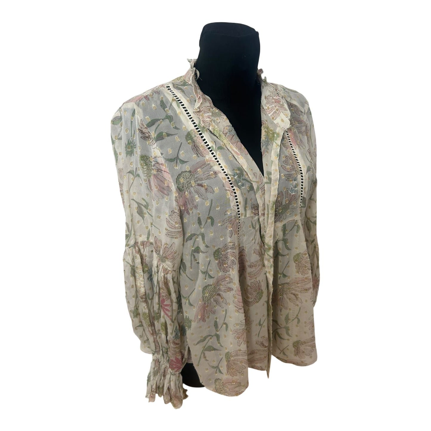 Zara Bluse Damen Gr S Creme Blumen Gold Lurex Weit Puffarm Elegant