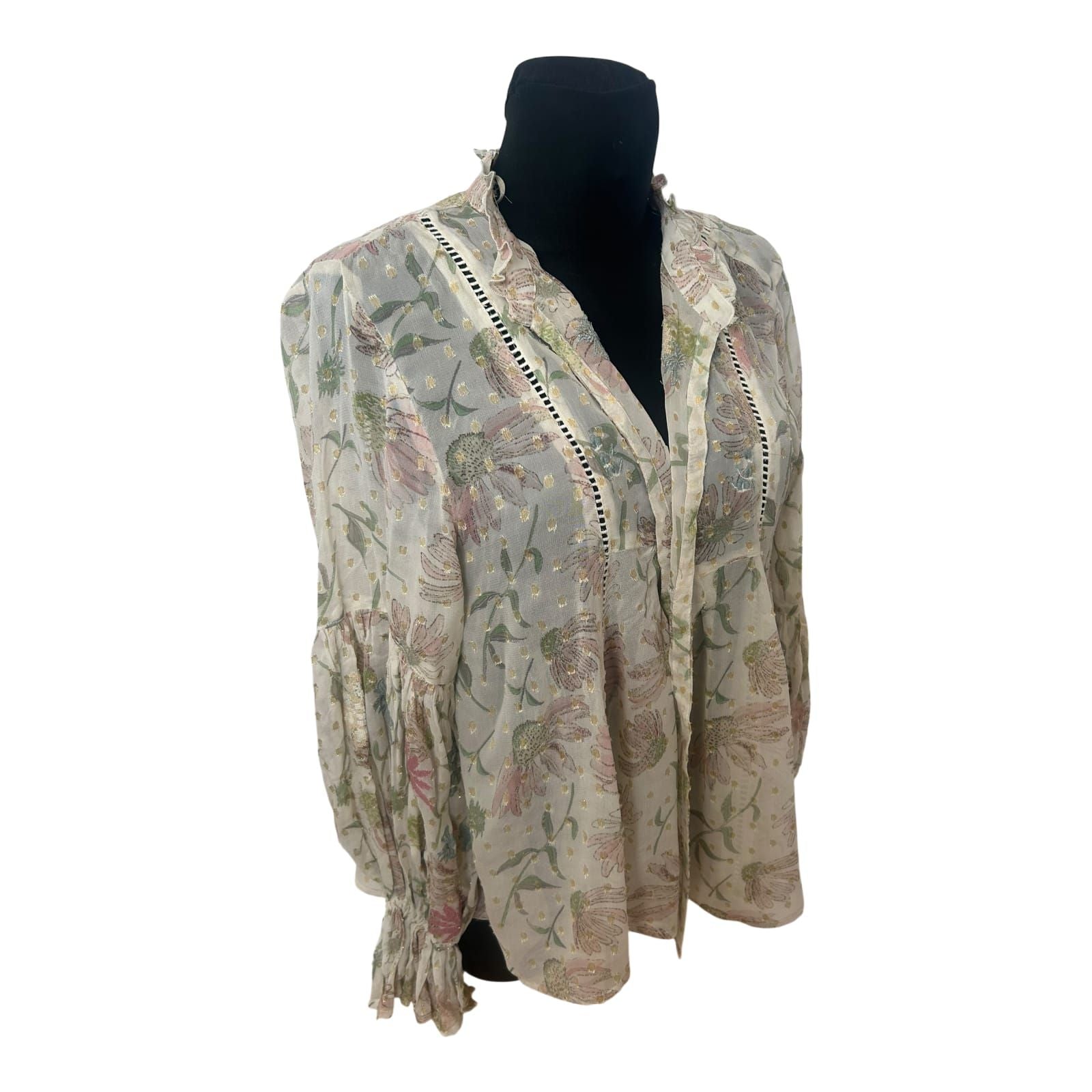 Zara Bluse Damen Gr S Creme Blumen Gold Lurex Weit Puffarm Elegant