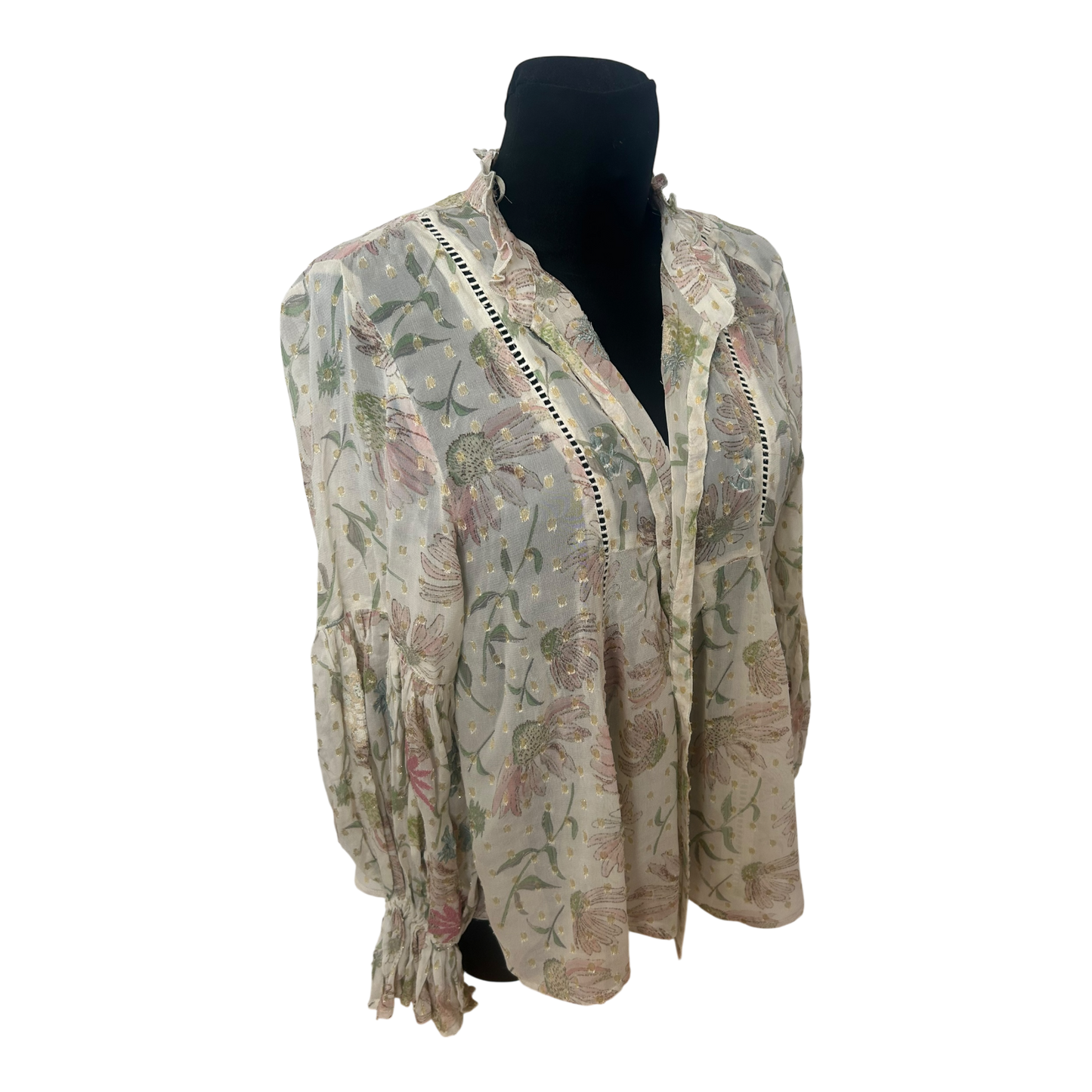 Zara Bluse Damen Gr S Creme Blumen Gold Lurex Weit Puffarm Elegant