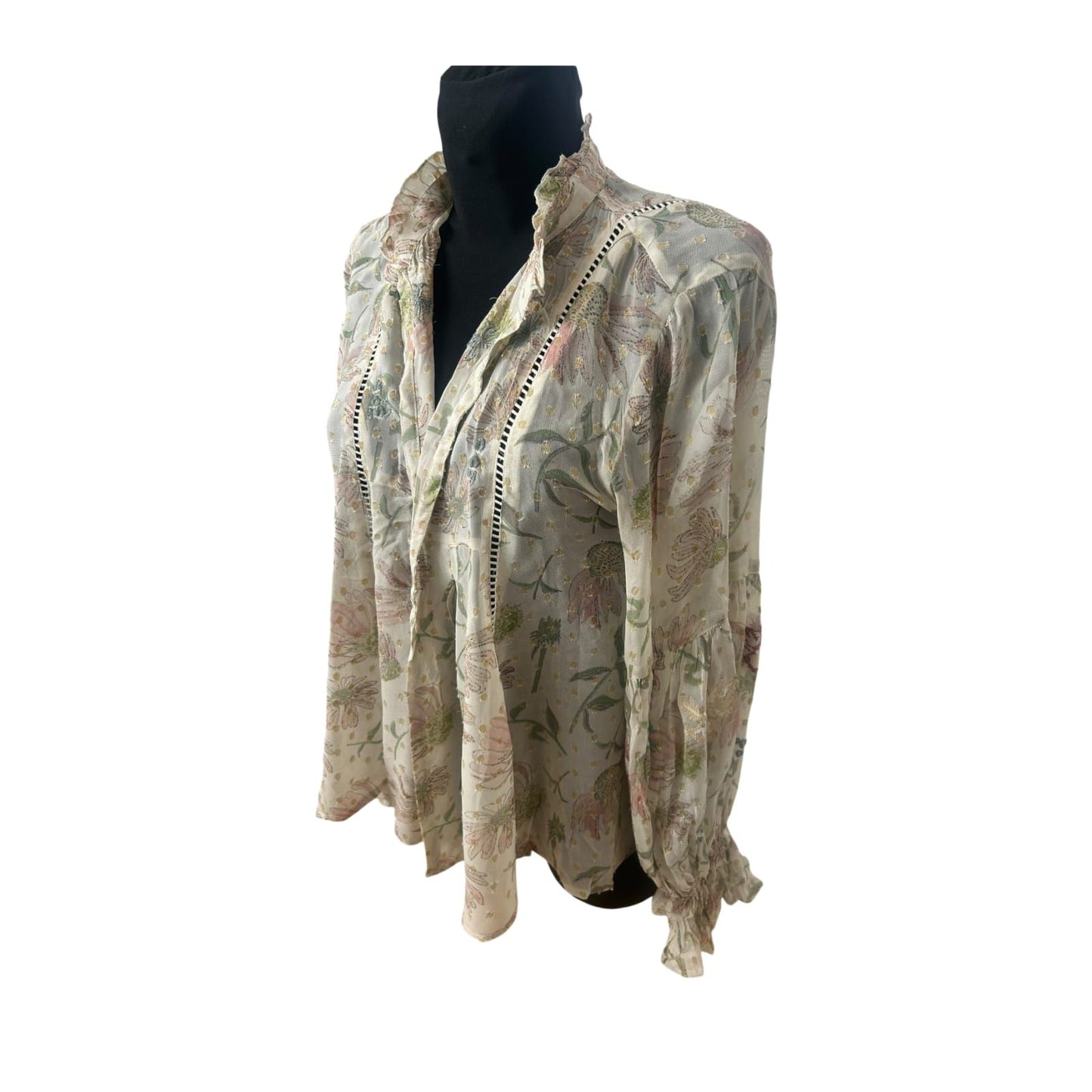 Zara Bluse Damen Gr S Creme Blumen Gold Lurex Weit Puffarm Elegant