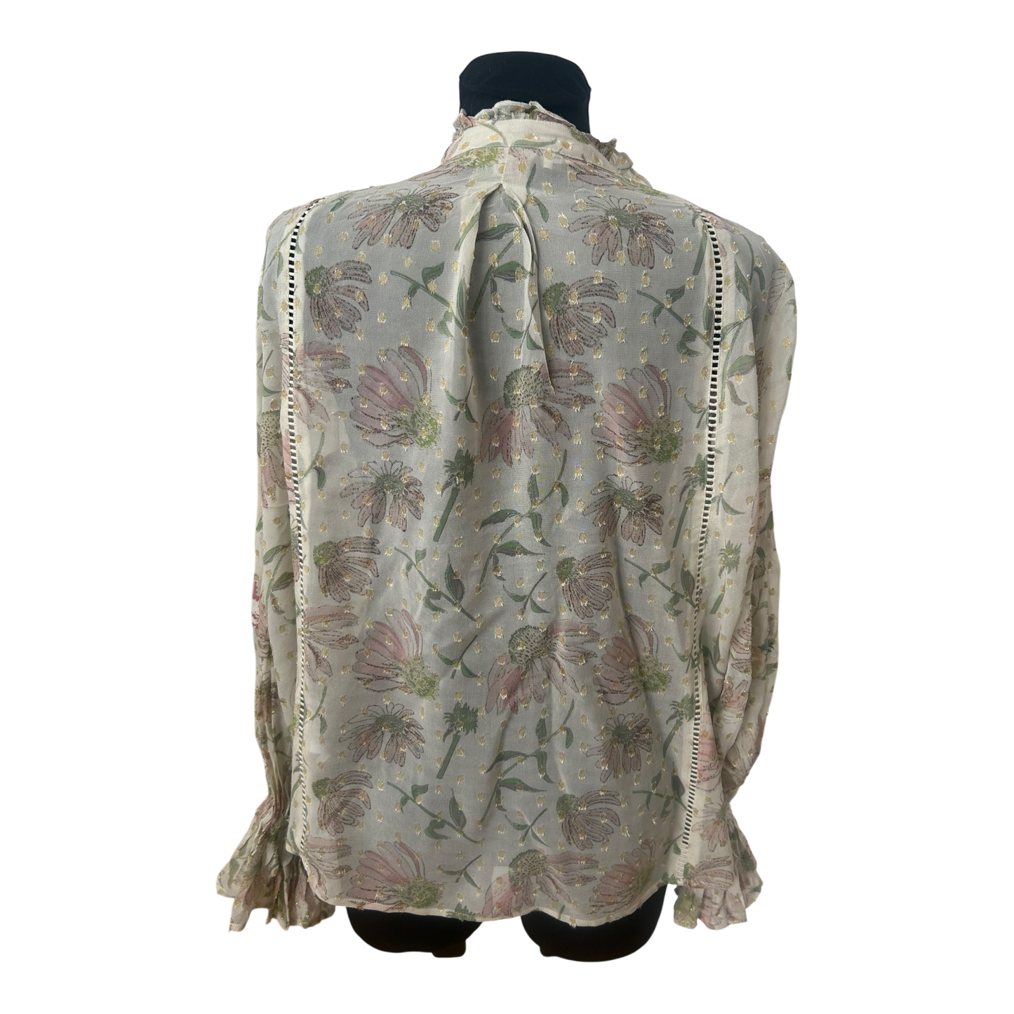 Zara Bluse Damen Gr S Creme Blumen Gold Lurex Weit Puffarm Elegant