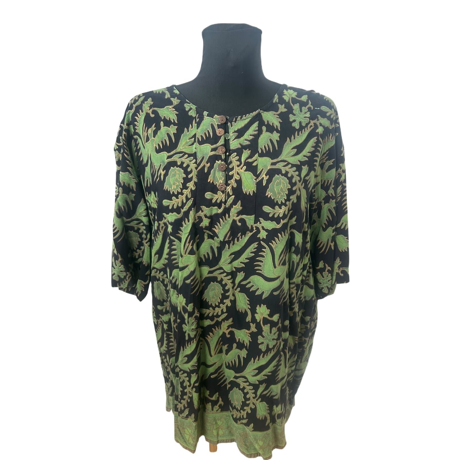 Damen Bluse Gr L Grün Schwarz Muster Viskose Sommer Locker Lang Casual