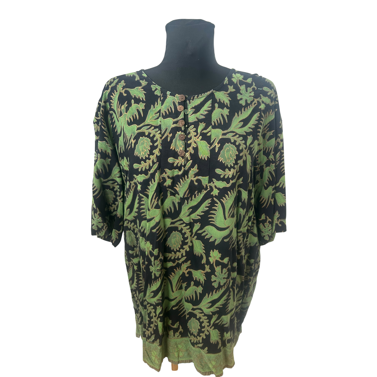 Damen Bluse Gr L Grün Schwarz Muster Viskose Sommer Locker Lang Casual