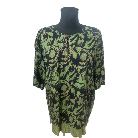 Damen Bluse Gr L Grün Schwarz Muster Viskose Sommer Locker Lang Casual