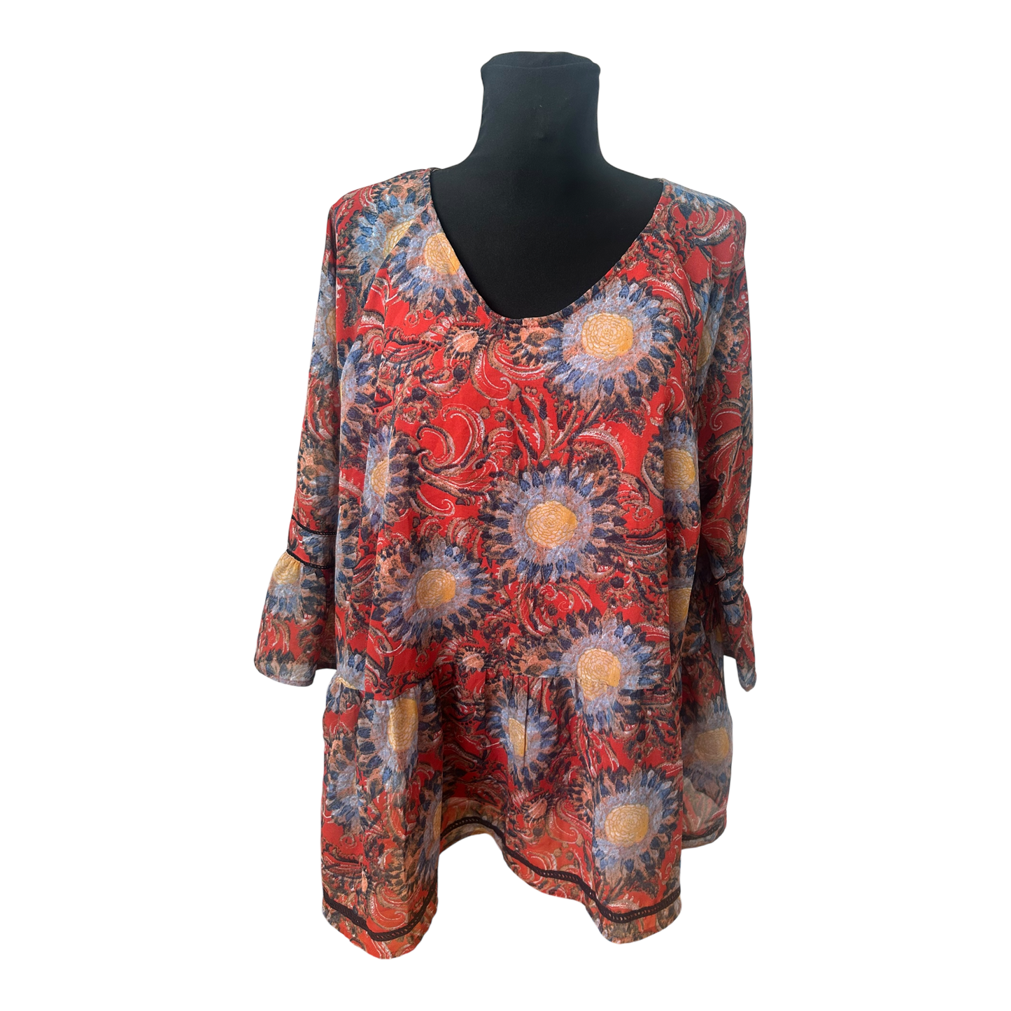 Gina Benotti Bluse Damen Gr XL Rot Blumen 3/4 Arm Elegant Locker