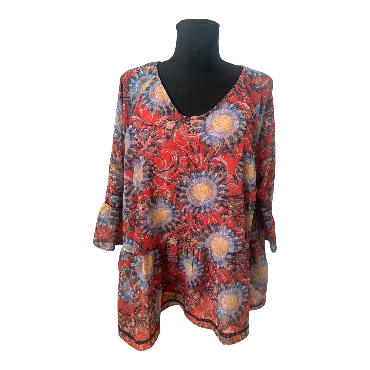 Gina Benotti Bluse Damen Gr XL Rot Blumen 3/4 Arm Elegant Locker