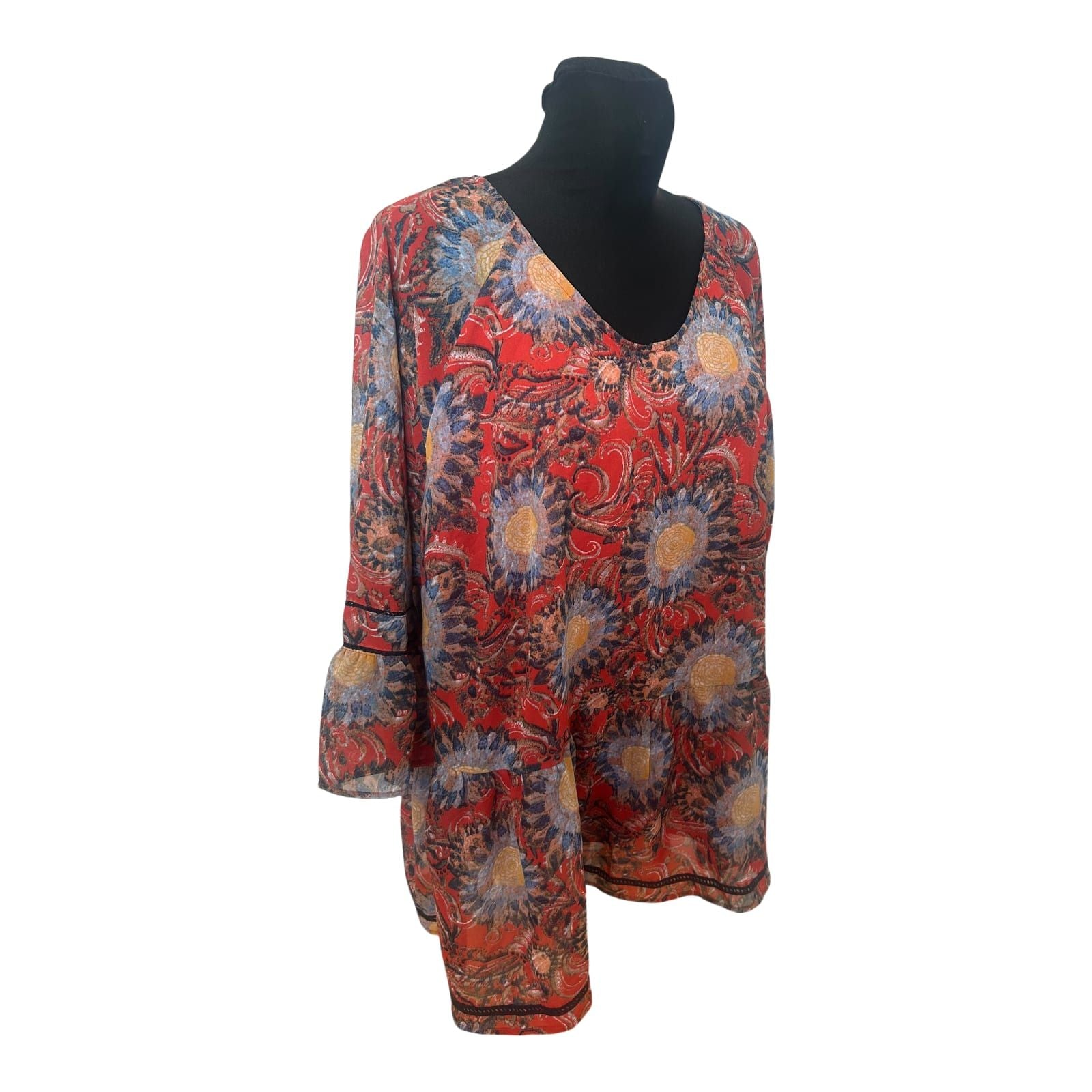 Gina Benotti Bluse Damen Gr XL Rot Blumen 3/4 Arm Elegant Locker