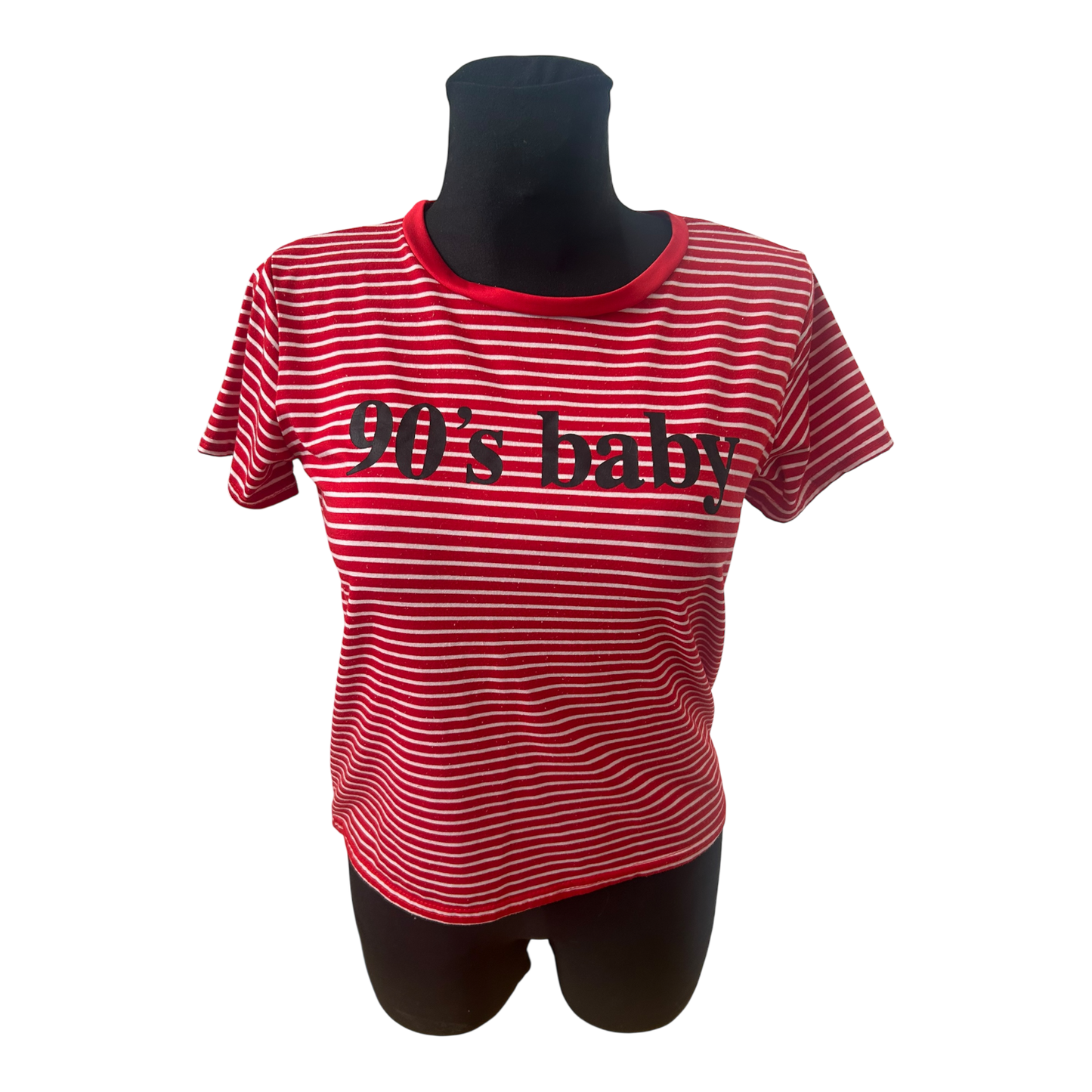 Damen T Shirt Gr L Rot Weiss Gestreift 90s Baby Print Kurzarm Sommer
