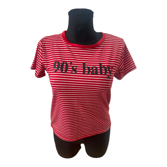 Damen T Shirt Gr L Rot Weiss Gestreift 90s Baby Print Kurzarm Sommer