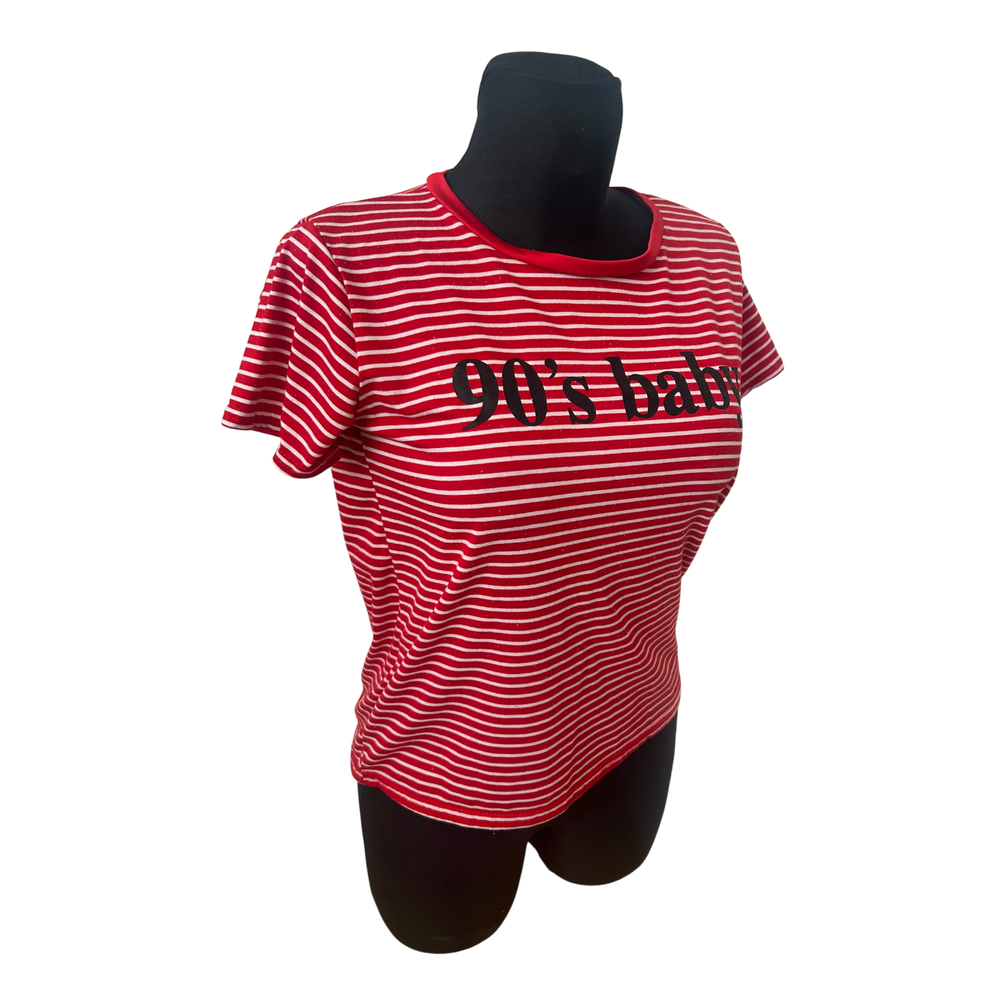 Damen T Shirt Gr L Rot Weiss Gestreift 90s Baby Print Kurzarm Sommer