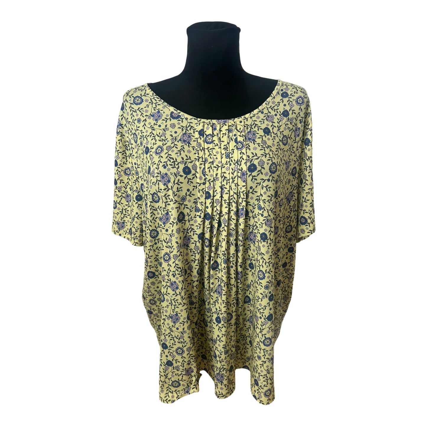 Damen Bluse Gelb Blau Blumenmuster Größe 50 Kurzarm Sommer Leicht