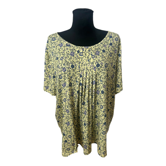 Damen Bluse Gelb Blau Blumenmuster Größe 50 Kurzarm Sommer Leicht
