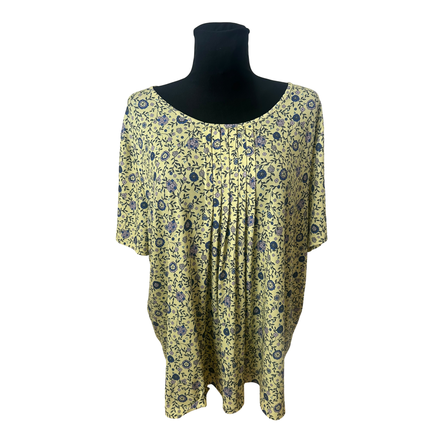 Damen Bluse Gelb Blau Blumenmuster Größe 50 Kurzarm Sommer Leicht