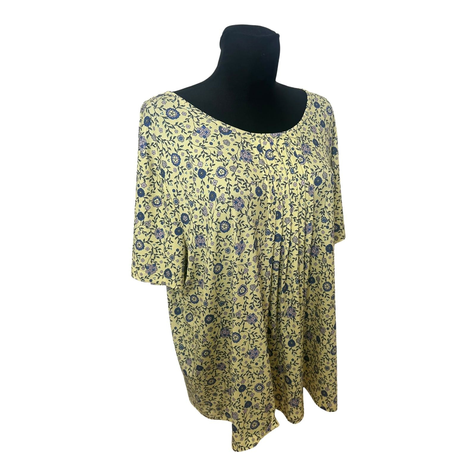 Damen Bluse Gelb Blau Blumenmuster Größe 50 Kurzarm Sommer Leicht