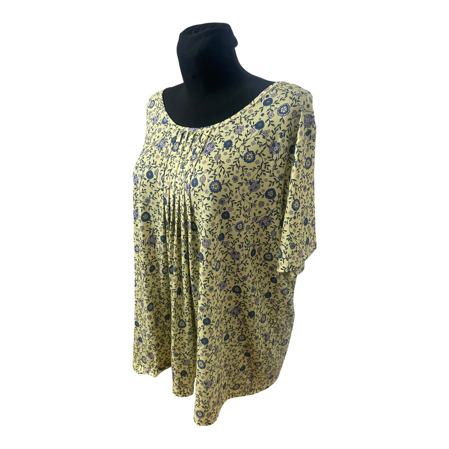Damen Bluse Gelb Blau Blumenmuster Größe 50 Kurzarm Sommer Leicht
