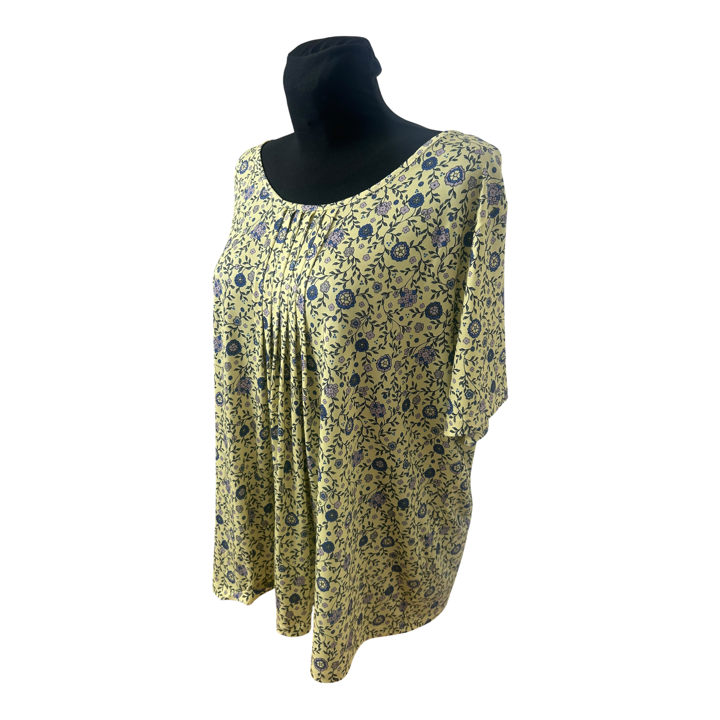 Damen Bluse Gelb Blau Blumenmuster Größe 50 Kurzarm Sommer Leicht