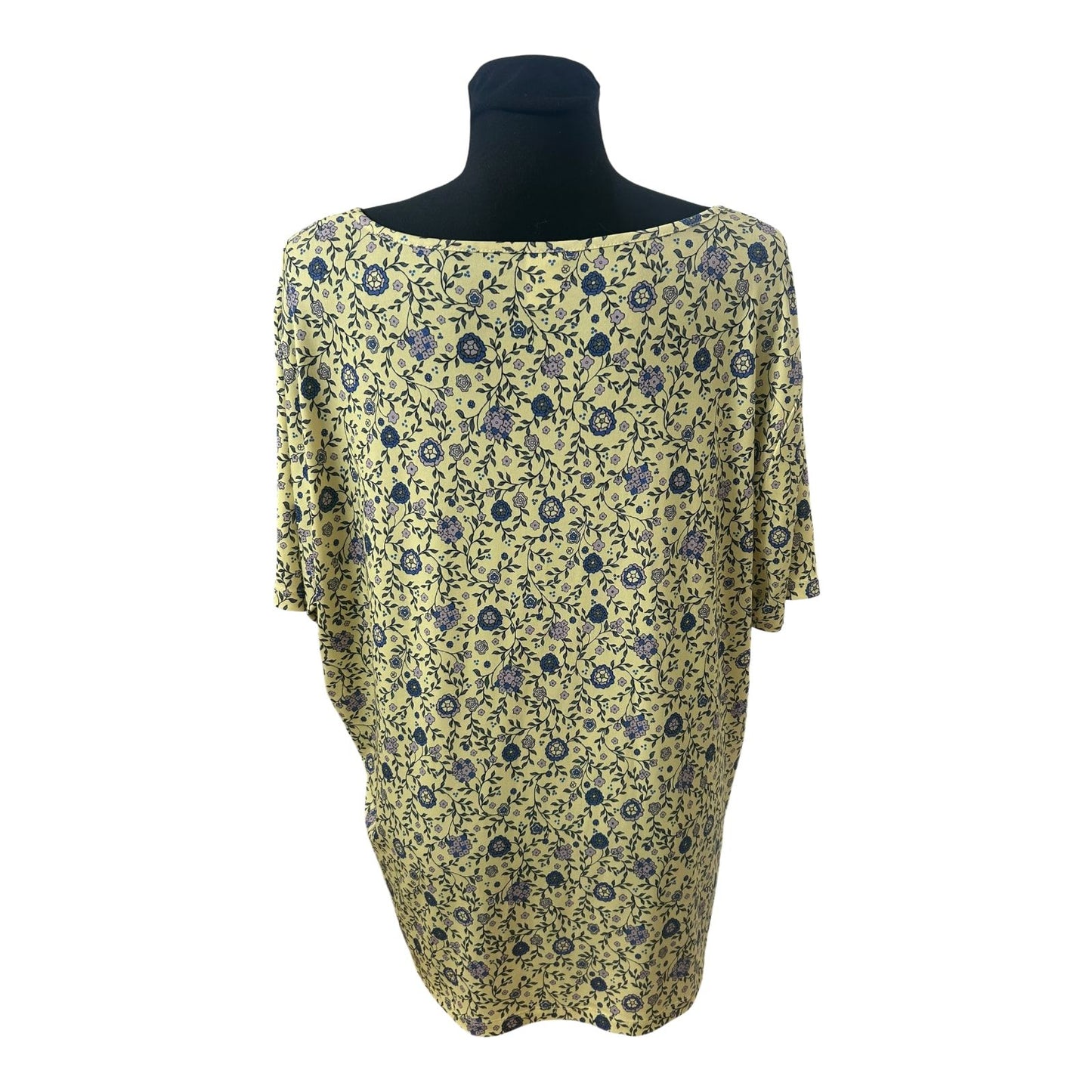 Damen Bluse Gelb Blau Blumenmuster Größe 50 Kurzarm Sommer Leicht