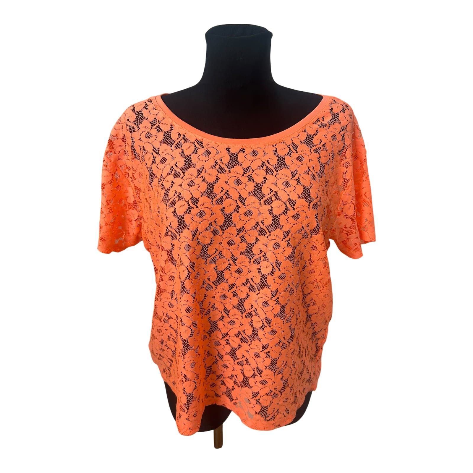 H&M Damen Spitzen Shirt Neon Orange Transparent Sommer Größe M Elegant