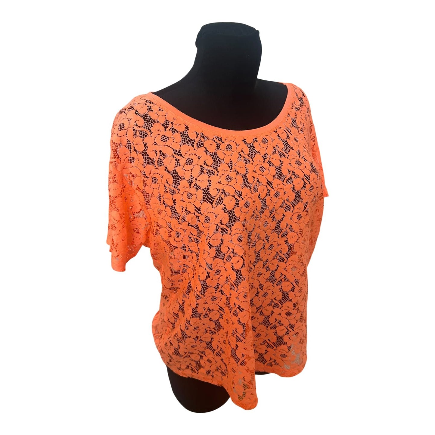 H&M Damen Spitzen Shirt Neon Orange Transparent Sommer Größe M Elegant