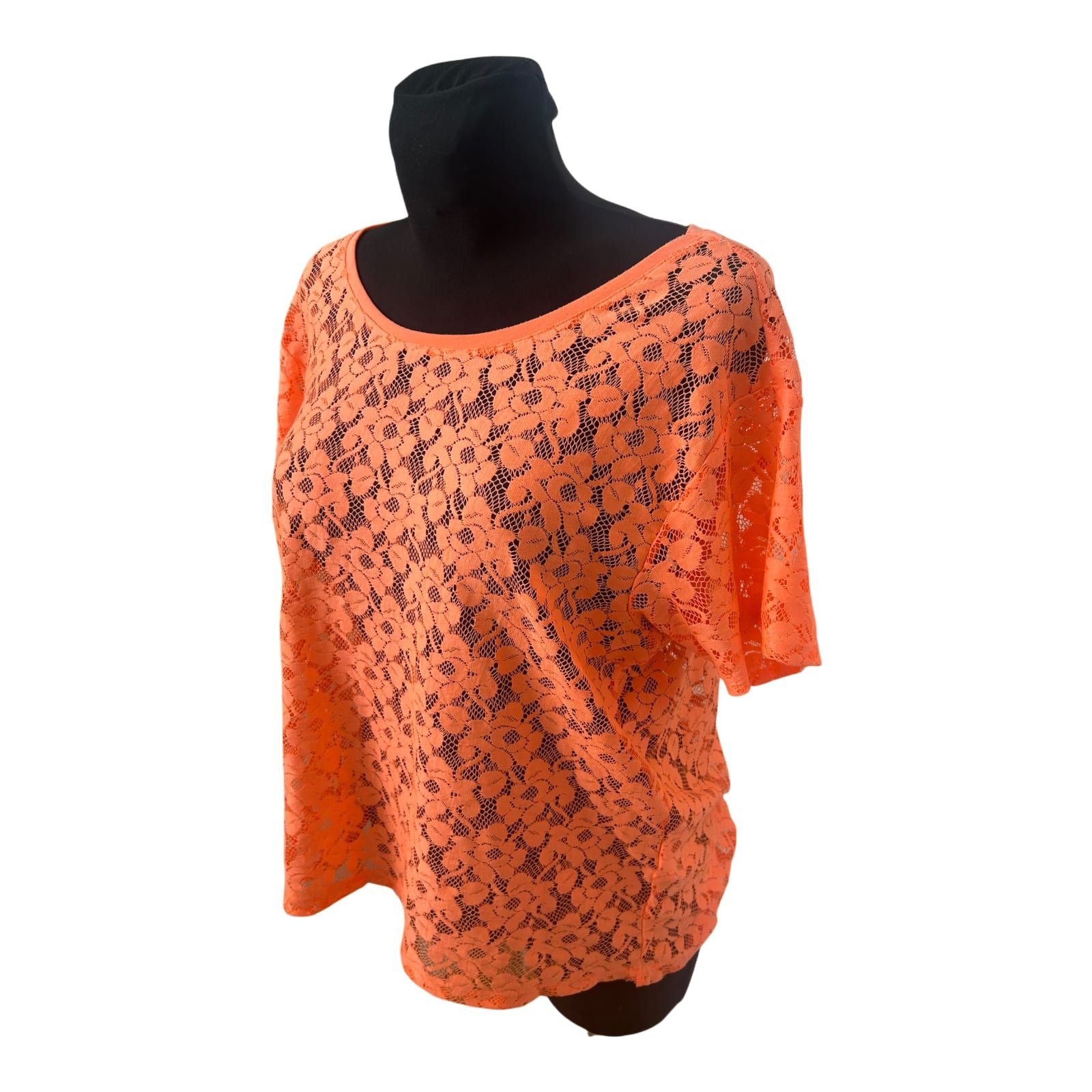 H&M Damen Spitzen Shirt Neon Orange Transparent Sommer Größe M Elegant