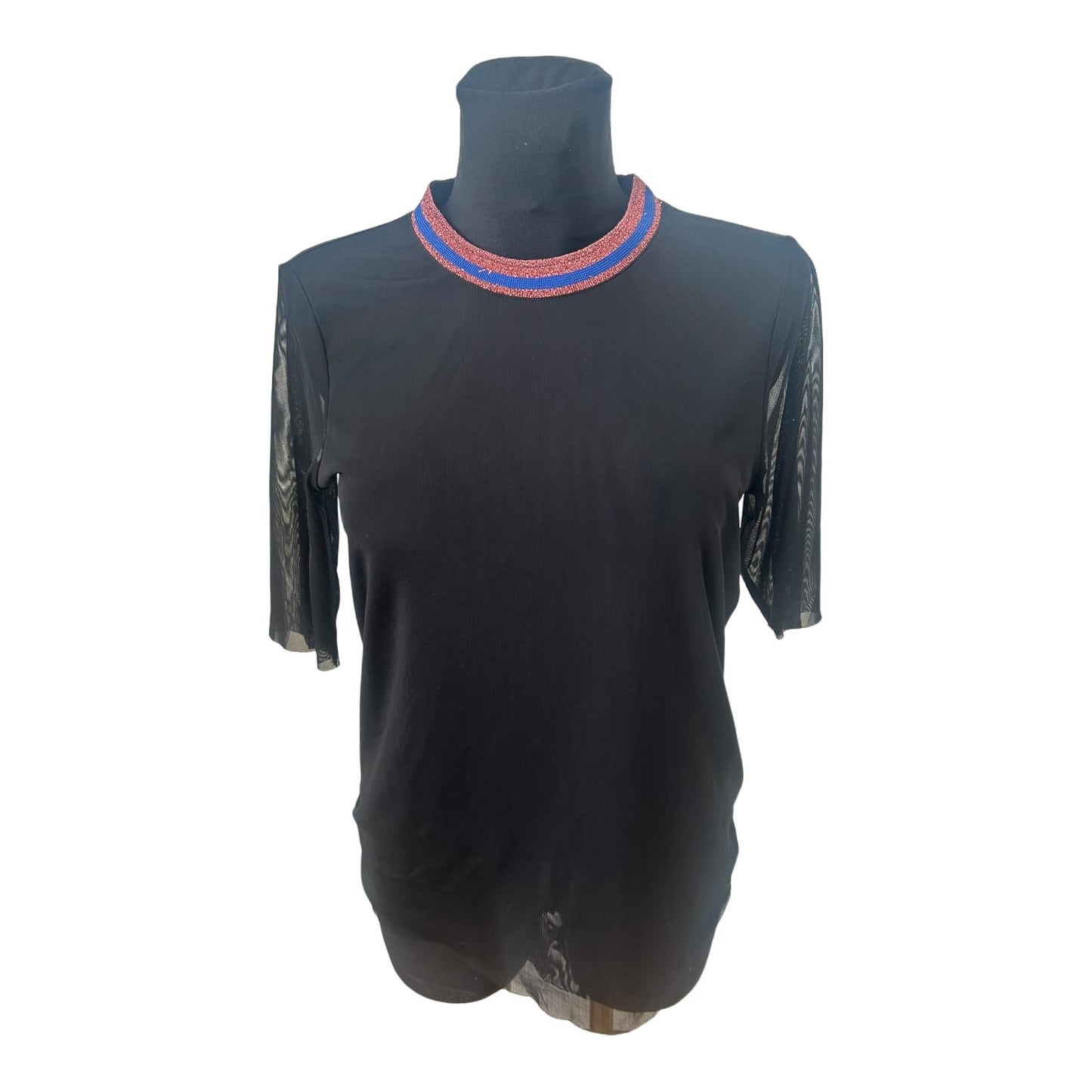 YAS Damen Shirt Schwarz Transparent Glitzerkragen Ausgehshirt Größe M